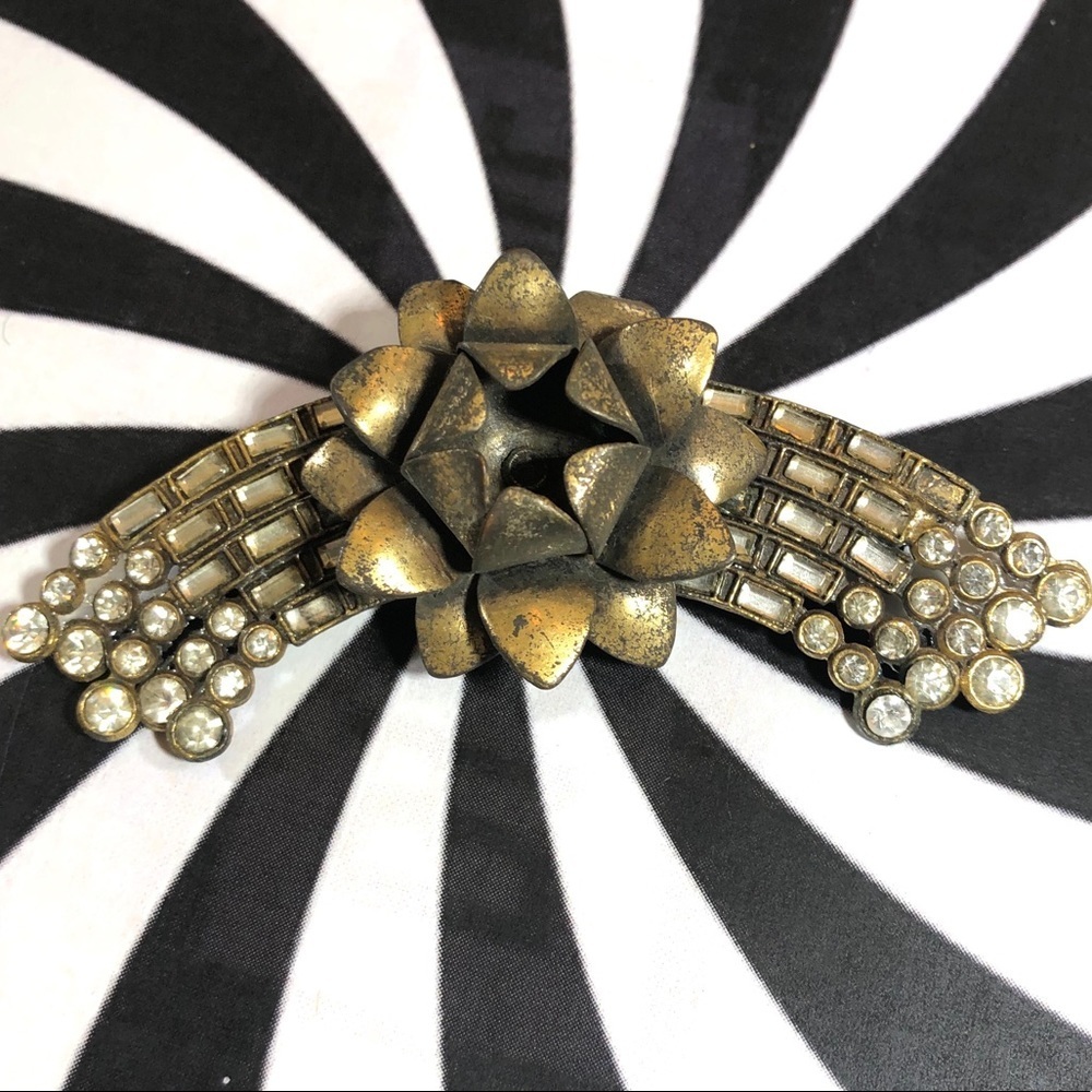 Vintage 80’s Bronze Brass flower spray rhinestones